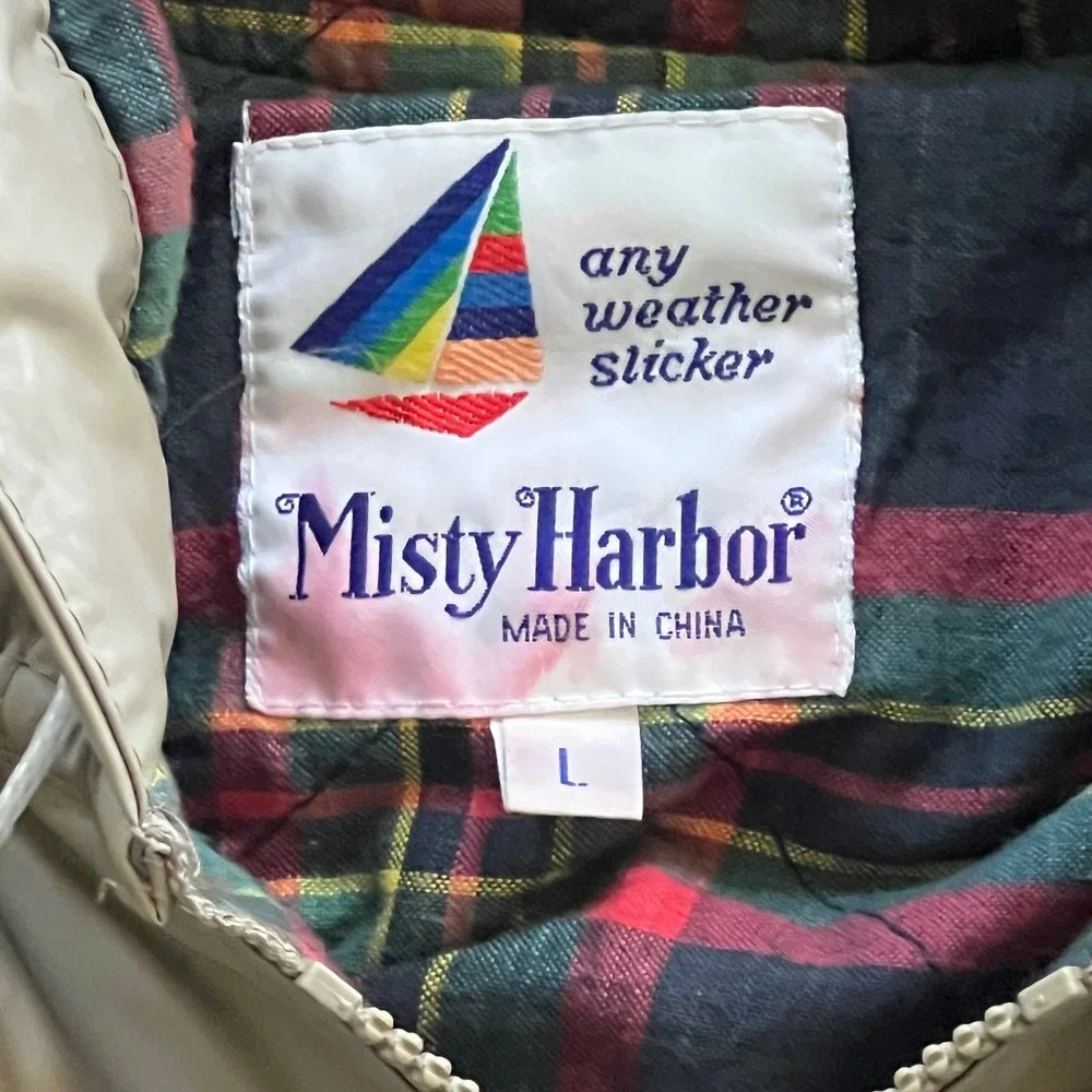 Misty Harbor Any Weather Slicker Khaki Rain Jacket Plaid Lined Hooded Sz Large